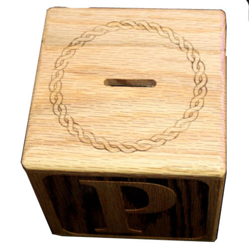wooden piggy bank